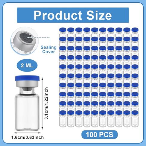 Threlaco 100 Pcs 2ml Sealed Sterile Empty Vials with Self Healing Injection Port Glass Penicillin Bottle Bulk Laboratory Liquid Sample Storage Vial with Caps Sterile Package in Saudi Arabia