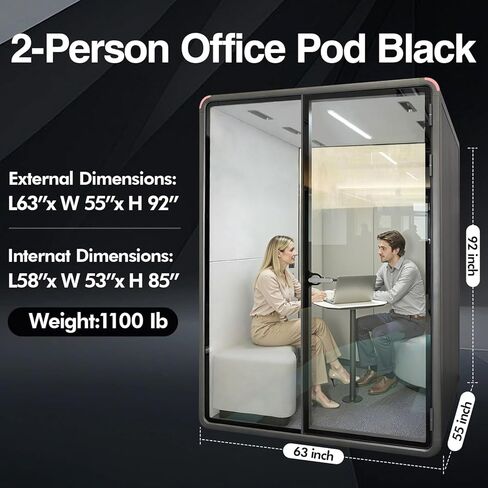 Soundproof Office Pod Booth, 2 Person Meeting Pod Black, Quiet Meeting Pod with Acoustic Panels, Portable Modular Pod, Mobile Sound Proof Booth, Privacy Phone Booth for Calling H92in W63in D55in in Saudi Arabia