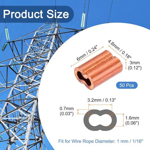 MECCANIXITY Copper Duplex Oval Crimping Sleeve 1/16"(1.2mm) Cable Ferrule Crimping Loop Sleeve for Wire Rope Cable Fishing Line, Pack of 50 in Saudi Arabia