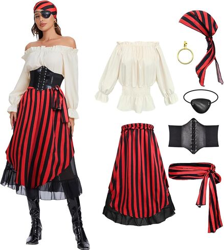 7Pcs Womens Pirate Costume with Accessories Renaissance Blouse Tops Skirt Medieval Belt Headscarf Full Outfit in Kuwait