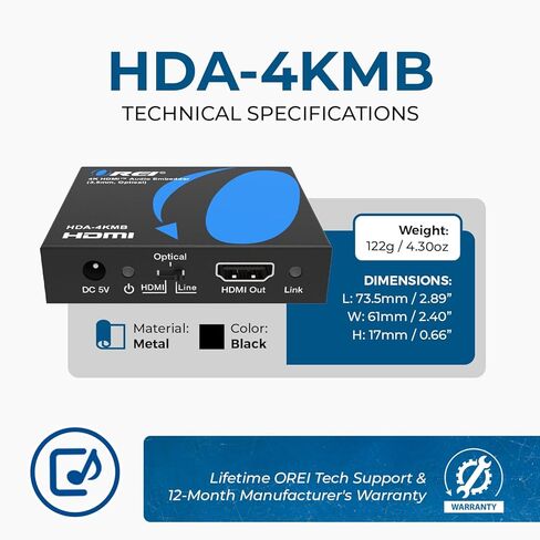 جهاز تضمين الصوت OREI 4K HDMI، جهاز إدخال الصوت التناظري الرقمي Audi + DVI إلى HDMI يدعم TOSLINK بصري 3.5 مم جاك AUX إدخال الصوت 4K60 هرتز 18 جيجابت في الثانية HDR HDCP2.2 in Saudi Arabia