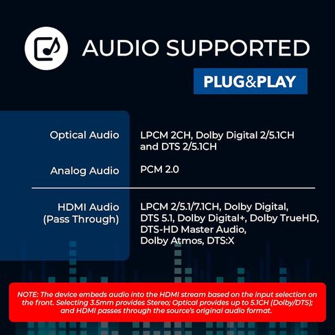 جهاز تضمين الصوت OREI 4K HDMI، جهاز إدخال الصوت التناظري الرقمي Audi + DVI إلى HDMI يدعم TOSLINK بصري 3.5 مم جاك AUX إدخال الصوت 4K60 هرتز 18 جيجابت في الثانية HDR HDCP2.2 in Saudi Arabia