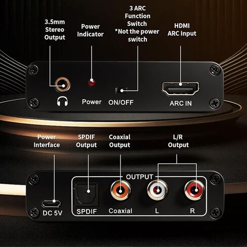 HDMI ARC Audio Extractor, ARC Audio Extractor,Digital to Analog Converter with Optical, Coaxial, RCA & 3.5mm Output, Supports 192KHz, 5.1 Surround Sound for TV and Speakers, Plug-and-Play in Saudi Arabia
