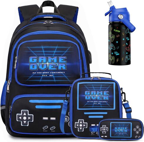 Gamer Luminous Boys Backpack with Lunch Bag Pencil Case, 14oz Insulated Bottle, BPA-FREE Double Tumbler 18/8 Stainless Steel Leak Proof Cups with Metal Straw for School Boy (Blue) in Kuwait