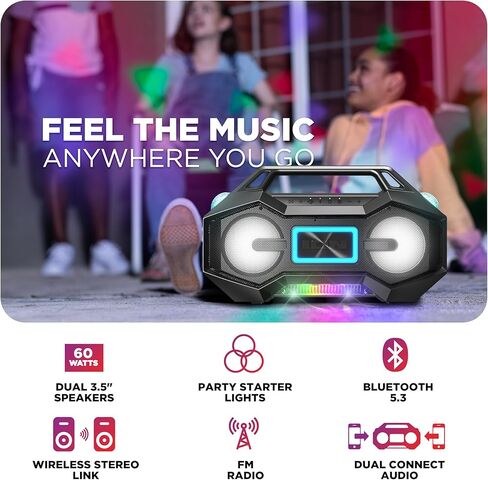 Ion Party Rocker Go Portable Bluetooth Boombox Speaker with Party Lights, Battery, 3.5" Speakers, FM Radio, USB Charge Port, App, Water-Resistant, 60W (Renewed) in Saudi Arabia
