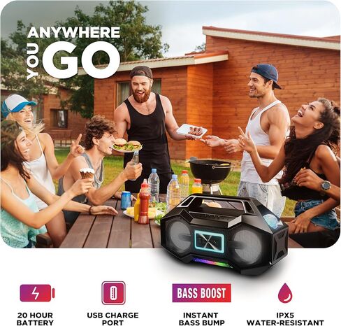 Ion Party Rocker Go Portable Bluetooth Boombox Speaker with Party Lights, Battery, 3.5" Speakers, FM Radio, USB Charge Port, App, Water-Resistant, 60W (Renewed) in Saudi Arabia