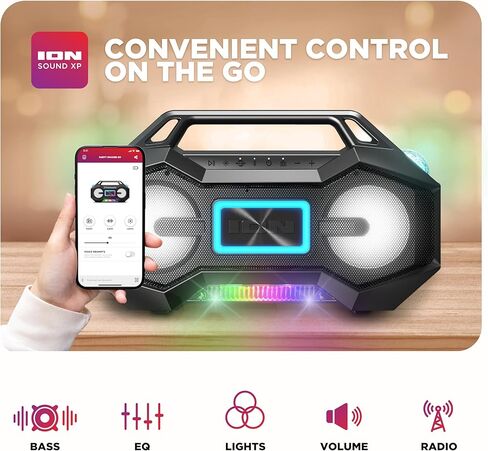 Ion Party Rocker Go Portable Bluetooth Boombox Speaker with Party Lights, Battery, 3.5" Speakers, FM Radio, USB Charge Port, App, Water-Resistant, 60W (Renewed) in Saudi Arabia