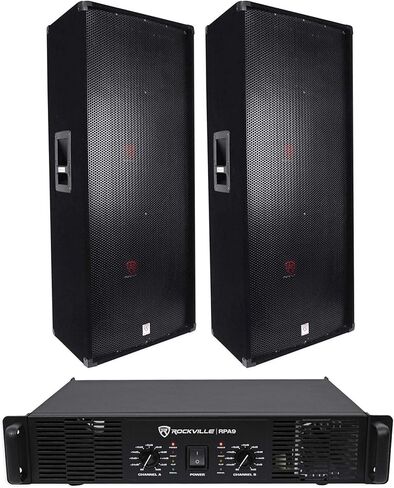 Rockville RSG15.28 Bundle: (2) Dual 15 in 3-Way 8-Ohm Passive DJ/Pro PA Speakers 3000W Peak/1500W RMS Each, RPA9 2-Channel Power Amplifier, 3-Items in Saudi Arabia