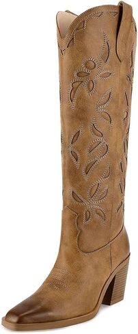 أحذية رعاة البقر عالية الركبة من ISNOM للنساء، أحذية غربية مع عروة سحب، تصميم بكعب مكتنز، فريد وأنيق in Kuwait