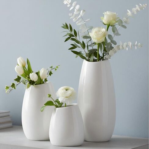 hjn Ceramic Vase Set of 3 White Flower Vase for Home Decor, Modern Decorative Vases for Flowers/Ideal Shelf Decor/Table/Living Room/Kitchen/Office-White in Kuwait