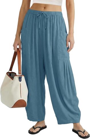 Womens Linen Wide Leg Palazzo Pants Casual Loose Elastic Drawstring Summer Beach Vacation Harem Pants with Pockets in Kuwait