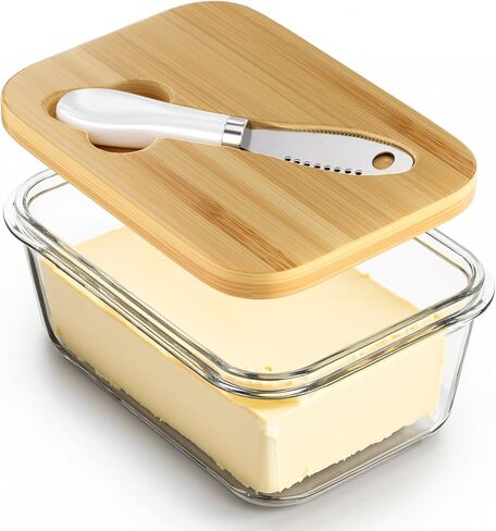 Glass Butter Dish with Bamboo Lid and Knife, Airtight Seal for Freshness, Large Butter Dish for East and West Coast Butter, Ideal for Countertop and Refrigerator Storage, Premium Glass Butter Keeper in Saudi Arabia