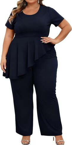 CXXQ Women's Plus Pant Suits 2 قطعة من قطعة قصيرة الأكمام بيبلوم أعلى الجيوب السراويل واسعة in Saudi Arabia