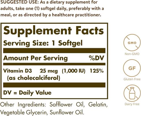 Solgar Vitamin D3 (Cholecalciferol) 25 mcg (1000 IU), 100 Softgels - Helps Maintain Healthy Bones & Teeth - Immune System Support - Non-GMO, Gluten Free, Dairy Free - 100 Servings in Saudi Arabia
