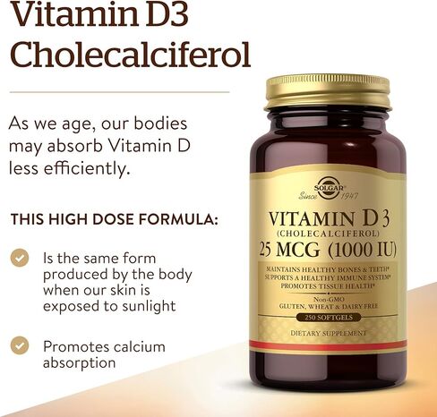 Solgar Vitamin D3 (Cholecalciferol) 25 mcg (1000 IU), 100 Softgels - Helps Maintain Healthy Bones & Teeth - Immune System Support - Non-GMO, Gluten Free, Dairy Free - 100 Servings in Saudi Arabia