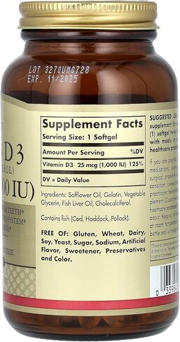 Solgar Vitamin D3 (Cholecalciferol) 25 mcg (1000 IU), 100 Softgels - Helps Maintain Healthy Bones & Teeth - Immune System Support - Non-GMO, Gluten Free, Dairy Free - 100 Servings in Saudi Arabia