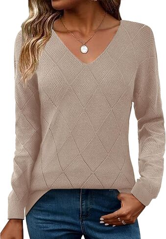 Zeagoo Womens Subens Fall 2025 Long Sleeve Knit Pullover v الرقبة خفيفة الوزن الكروشيه قمم سترة الألبان غير الرسمية in Saudi Arabia