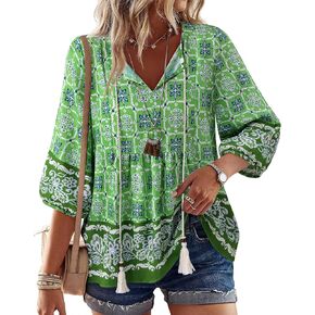 Vivilli Womens Summer Boho Babydoll Tops 3/4 Sleeve Pleated Peplum Peasant Blouses Casual V Neck Tie Front Fall Outfits in Kuwait