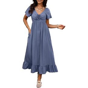 BTFBM Womens Spring Dresses 2025 Casual Short Sleeve V Neck Drawstring Wedding Guest Maxi Dresses Boho Beach Long Dress in Kuwait