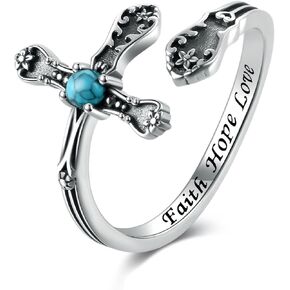 Vintage Cross Spoon Ring 925 Sterling Silver-Antique Turquoise Faith Thumb Rings Victorian Style-Inspirational Jewelry Gifts for Women in Kuwait