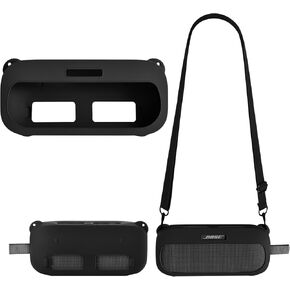 حافظة سيليكون لجهاز Bose SoundLink Flex & Flex الجيل الثاني، غطاء واقٍ مقاوم للصدمات مع حزام كتف قابل للتعديل - حقيبة مكبر صوت محمولة للسفر (أسود) in Kuwait