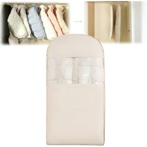 حقيبة ملابس معلقة من توفير الفضاء مع سحاب ضغط ذاتي ، 2025 منظم تخزين الملابس الجديد للفضاء ، غلاف الغبار أكياس ملابس لثوب الدعوى أو سترة (بيج ، ل) in Kuwait