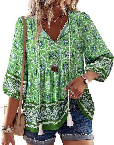 Vivilli Womens Summer Boho Babydoll Tops 3/4 Sleeve Pleated Peplum Peasant Blouses Casual V Neck Tie Front Fall Outfits in Kuwait