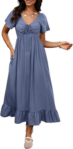 BTFBM Womens Spring Dresses 2025 Casual Short Sleeve V Neck Drawstring Wedding Guest Maxi Dresses Boho Beach Long Dress in Kuwait