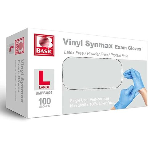 قفازات INTCO الطبية الأساسية Synmax Vinyl Exam Gloves، قفازات للاستعمال مرة واحدة - خالية من اللاتكس وخالية من المسحوق للأغراض الطبية والتنظيف وآمنة للطعام - كبيرة، BMPF-3003 (صندوق من 100 قطعة، أزرق) in Saudi Arabia