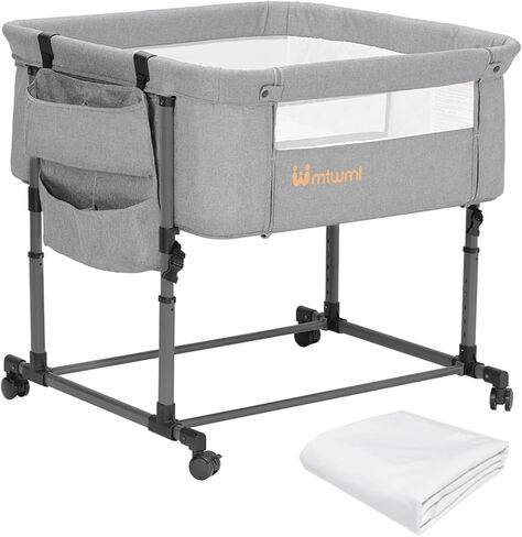 Twin Bassinet for 2 Babies,Adjustable Height Double Crib with Storage Bag and Replaceable Mattress Cover, Portable Twin Bedside Crib Attaches to Bed with Strap for 0-6 Months Twins Baby Grey in Saudi Arabia