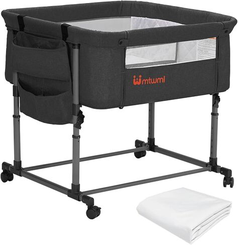 Twin Bassinet for 2 Babies,Adjustable Height Double Crib with Storage Bag and Replaceable Mattress Cover, Portable Twin Bedside Crib Attaches to Bed with Strap for 0-6 Months Twins Baby Grey in Saudi Arabia