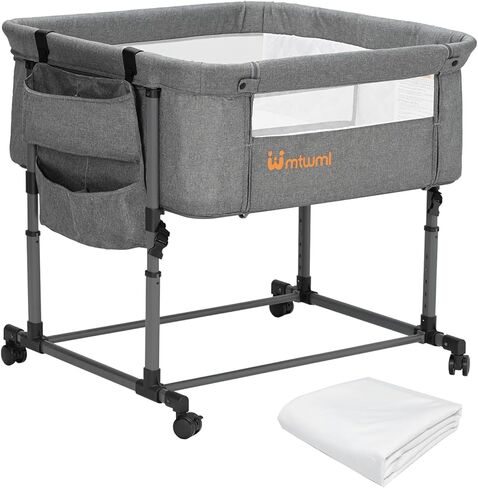 Twin Bassinet for 2 Babies,Adjustable Height Double Crib with Storage Bag and Replaceable Mattress Cover, Portable Twin Bedside Crib Attaches to Bed with Strap for 0-6 Months Twins Baby Grey in Kuwait