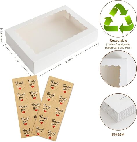 AONNLINN 20-Pack Auto-Pop Baking Boxes Large Size 12'' X8'' X2.5'' White Cookie Boxes with Window Ideal for Pies Desserts Chocolate Donuts Candy Muffins and Baked Goods Packaging in Saudi Arabia