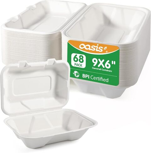 OasisSN 𝟵𝘅𝟲", 𝟲𝟴-𝗣𝗮𝗰𝗸 Clamshell Take Out Food Containers, Compostable Heavy-Duty Disposable Paper Lunch Boxes，Eco-Friendly Biodegradable To Go Containers For Food(White) in Saudi Arabia