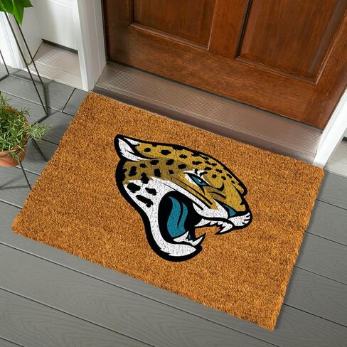 ممسحة جوز الهند من Team Sports America NFL Jacksonville Jaguars، شعار الفريق الرسمي بالألوان الكاملة، سجادة باب أمامية كبيرة جدًا، سجادة مدخل داخلية خارجية، سجادة ترحيب غير قابلة للانزلاق لفناء الشرفة in Kuwait