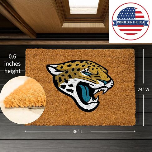 ممسحة جوز الهند من Team Sports America NFL Jacksonville Jaguars، شعار الفريق الرسمي بالألوان الكاملة، سجادة باب أمامية كبيرة جدًا، سجادة مدخل داخلية خارجية، سجادة ترحيب غير قابلة للانزلاق لفناء الشرفة in Kuwait