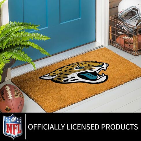 ممسحة جوز الهند من Team Sports America NFL Jacksonville Jaguars، شعار الفريق الرسمي بالألوان الكاملة، سجادة باب أمامية كبيرة جدًا، سجادة مدخل داخلية خارجية، سجادة ترحيب غير قابلة للانزلاق لفناء الشرفة in Kuwait
