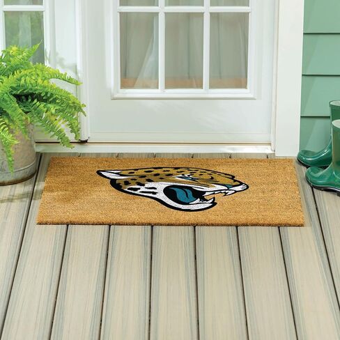 ممسحة جوز الهند من Team Sports America NFL Jacksonville Jaguars، شعار الفريق الرسمي بالألوان الكاملة، سجادة باب أمامية كبيرة جدًا، سجادة مدخل داخلية خارجية، سجادة ترحيب غير قابلة للانزلاق لفناء الشرفة in Kuwait