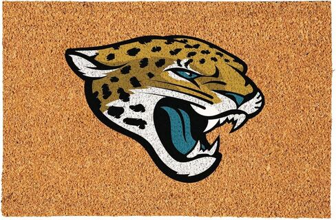 ممسحة جوز الهند من Team Sports America NFL Jacksonville Jaguars، شعار الفريق الرسمي بالألوان الكاملة، سجادة باب أمامية كبيرة جدًا، سجادة مدخل داخلية خارجية، سجادة ترحيب غير قابلة للانزلاق لفناء الشرفة in Kuwait