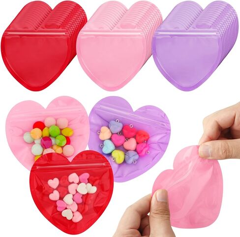 JULBEAR 120Pcs Valentine's Day Heart Shaped Bags 3.9inch Red Pink Purple Resealable Bag Plastic Ziplock Bags for Valentines Cookie Candy Jewelry Party Favor Gift Wrapping in Saudi Arabia