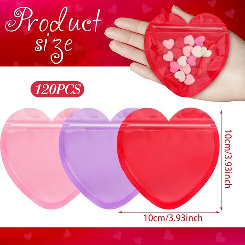 JULBEAR 120Pcs Valentine's Day Heart Shaped Bags 3.9inch Red Pink Purple Resealable Bag Plastic Ziplock Bags for Valentines Cookie Candy Jewelry Party Favor Gift Wrapping in Saudi Arabia