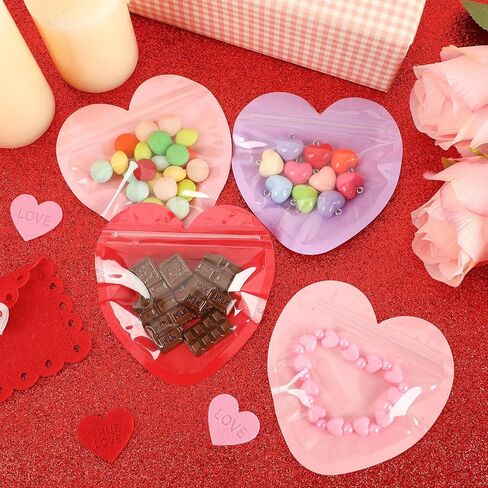 JULBEAR 120Pcs Valentine's Day Heart Shaped Bags 3.9inch Red Pink Purple Resealable Bag Plastic Ziplock Bags for Valentines Cookie Candy Jewelry Party Favor Gift Wrapping in Saudi Arabia