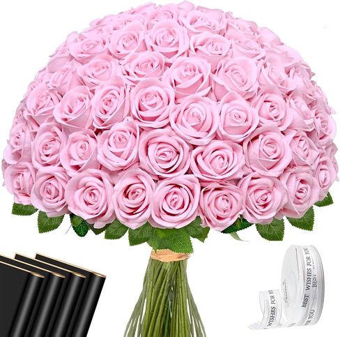 Waipfaru Red Roses الزهور الاصطناعية بالجملة ، الورود المخملية الحقيقية اللمسة مع ورق التغليف ، و 50 PCS زهور مزيفة لحفل الزفاف باقة الزفاف الفالنتين in Saudi Arabia