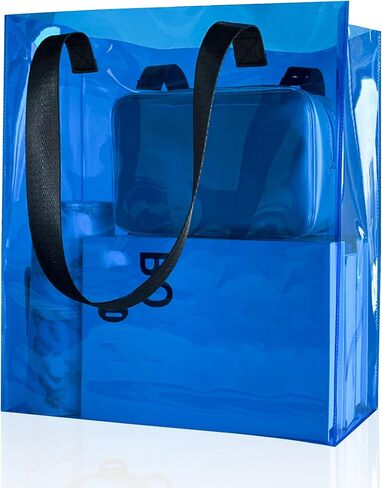 Clear PVC Tote with Black Handles13.3 x 11.8 x 3.94 inches Stadium Approved Transparent Plastic Beach Bag for Women in Kuwait