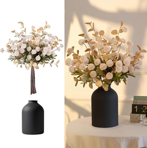 BLOSMON Fake Flowers in Vase for Centerpieces: Metal Vase with 12 Stems of Artificial Kiku Flowers Eucalyptuses Home Table Decor - White Faux Pom Poms Floral Arrangements for Living Room in Kuwait