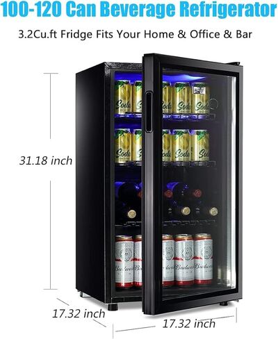 WANAI Mini Fridge Glass Door 120 Cans Beverage Refrigerator Small Wine Cooler Clear Front Drinks Fridge for Soda Beer Bar Home Office with 7 Thermostat LED Lights 3.2 Cu. Ft in Saudi Arabia
