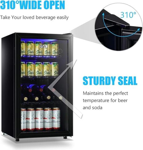 WANAI Mini Fridge Glass Door 120 Cans Beverage Refrigerator Small Wine Cooler Clear Front Drinks Fridge for Soda Beer Bar Home Office with 7 Thermostat LED Lights 3.2 Cu. Ft in Saudi Arabia