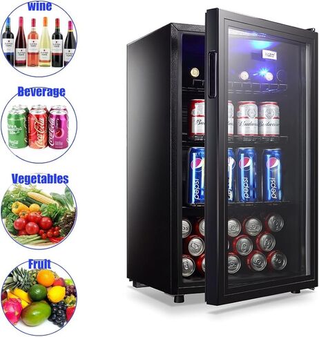 WANAI Mini Fridge Glass Door 120 Cans Beverage Refrigerator Small Wine Cooler Clear Front Drinks Fridge for Soda Beer Bar Home Office with 7 Thermostat LED Lights 3.2 Cu. Ft in Saudi Arabia