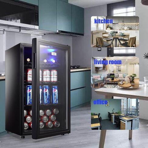WANAI Mini Fridge Glass Door 120 Cans Beverage Refrigerator Small Wine Cooler Clear Front Drinks Fridge for Soda Beer Bar Home Office with 7 Thermostat LED Lights 3.2 Cu. Ft in Saudi Arabia
