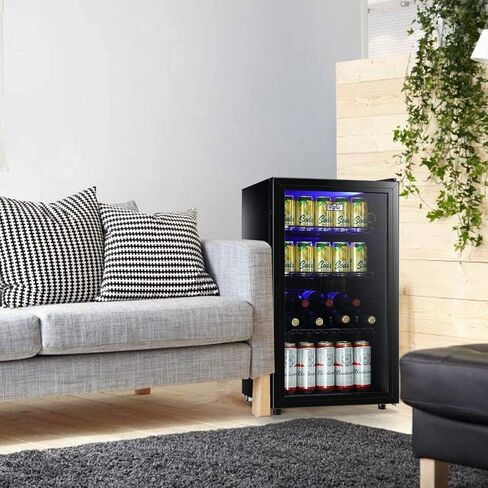 WANAI Mini Fridge Glass Door 120 Cans Beverage Refrigerator Small Wine Cooler Clear Front Drinks Fridge for Soda Beer Bar Home Office with 7 Thermostat LED Lights 3.2 Cu. Ft in Saudi Arabia